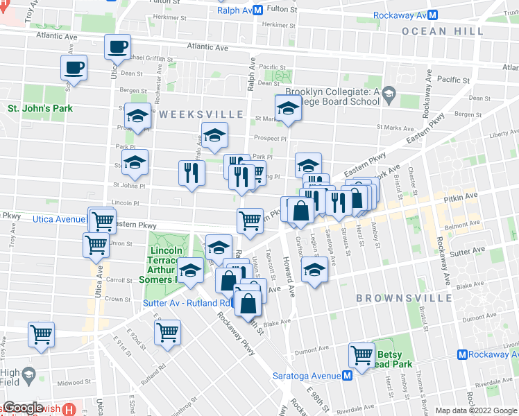 map of restaurants, bars, coffee shops, grocery stores, and more near 1663 Lincoln Place in Brooklyn