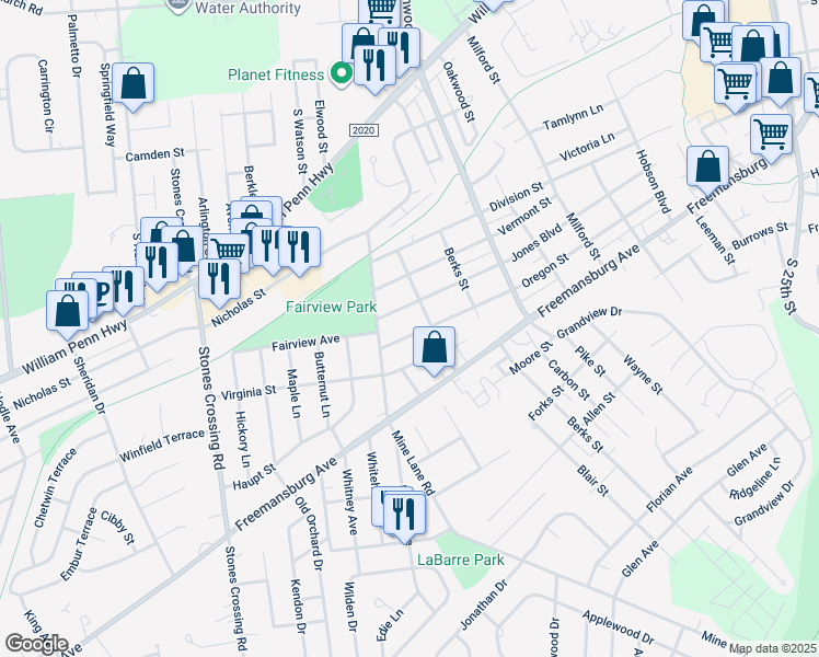 map of restaurants, bars, coffee shops, grocery stores, and more near 3405 Oregon Street in Easton