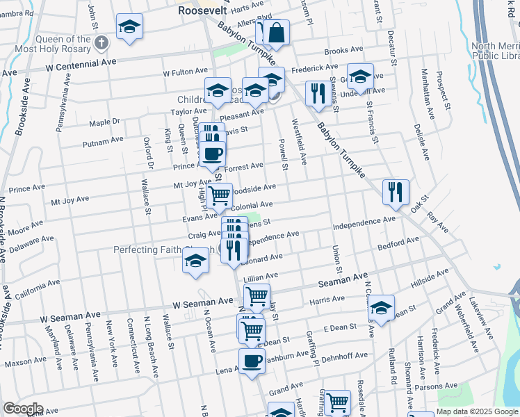 map of restaurants, bars, coffee shops, grocery stores, and more near 50 Colonial Avenue in Freeport