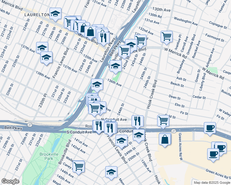 map of restaurants, bars, coffee shops, grocery stores, and more near 136-29 242nd Street in Queens
