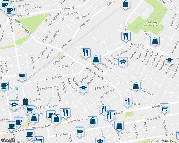 map of restaurants, bars, coffee shops, grocery stores, and more near 400 Galloping Hill Road in Roselle Park