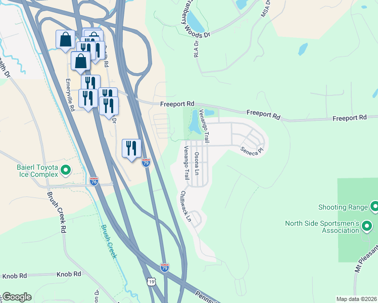 map of restaurants, bars, coffee shops, grocery stores, and more near 307 Osona Lane in Mars