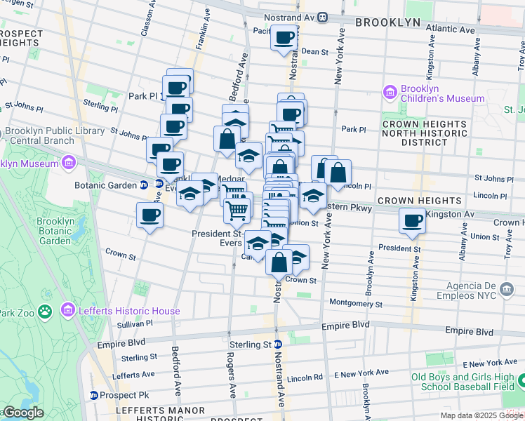 map of restaurants, bars, coffee shops, grocery stores, and more near 506 Eastern Parkway in Brooklyn