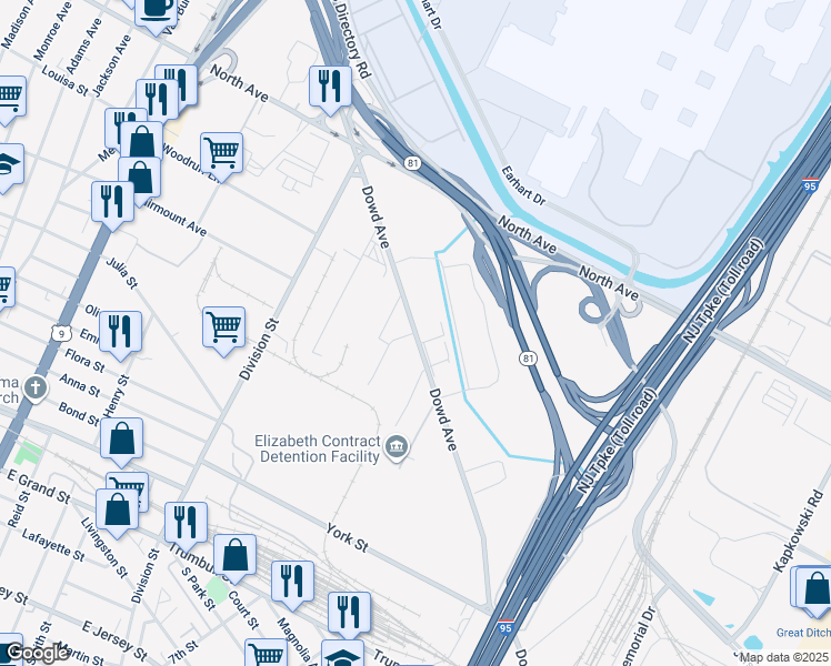 map of restaurants, bars, coffee shops, grocery stores, and more near Dowd Avenue in Elizabeth