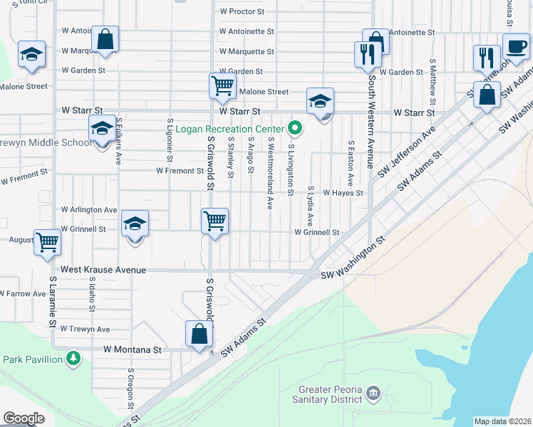 map of restaurants, bars, coffee shops, grocery stores, and more near 1703 South Westmoreland Avenue in Peoria