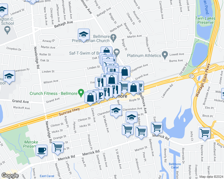 map of restaurants, bars, coffee shops, grocery stores, and more near 2705 Pettit Avenue in Bellmore