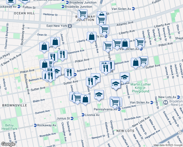 map of restaurants, bars, coffee shops, grocery stores, and more near 247 Williams Avenue in Brooklyn