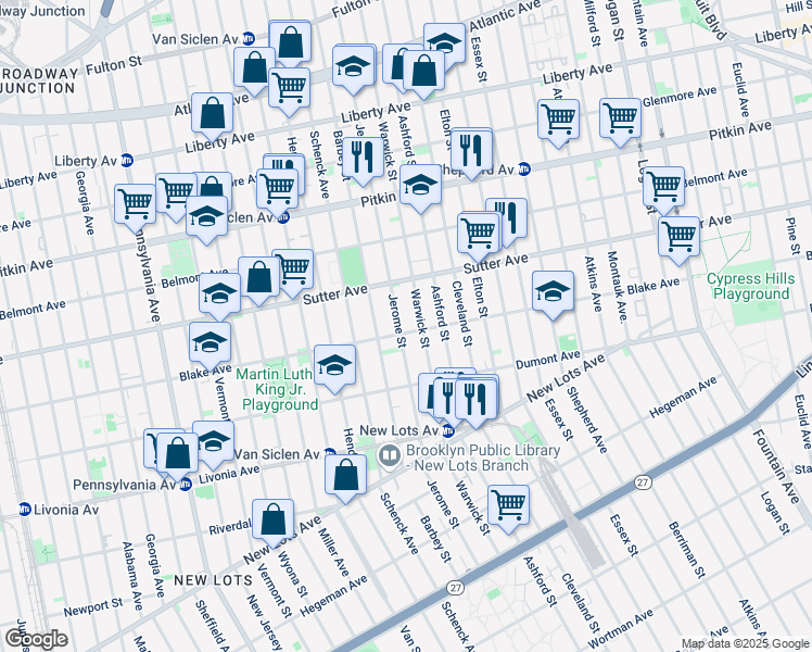 map of restaurants, bars, coffee shops, grocery stores, and more near 897 Blake Avenue in Brooklyn