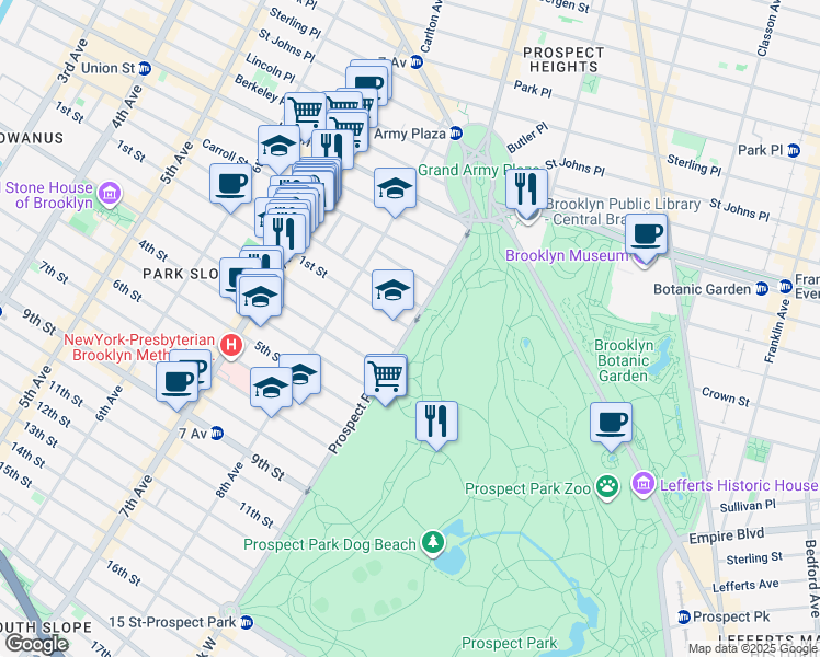 map of restaurants, bars, coffee shops, grocery stores, and more near Prospect Park West & 1st Street in Brooklyn