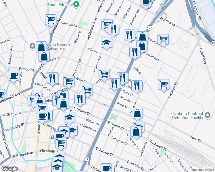 map of restaurants, bars, coffee shops, grocery stores, and more near 449 Catherine Street in Elizabeth