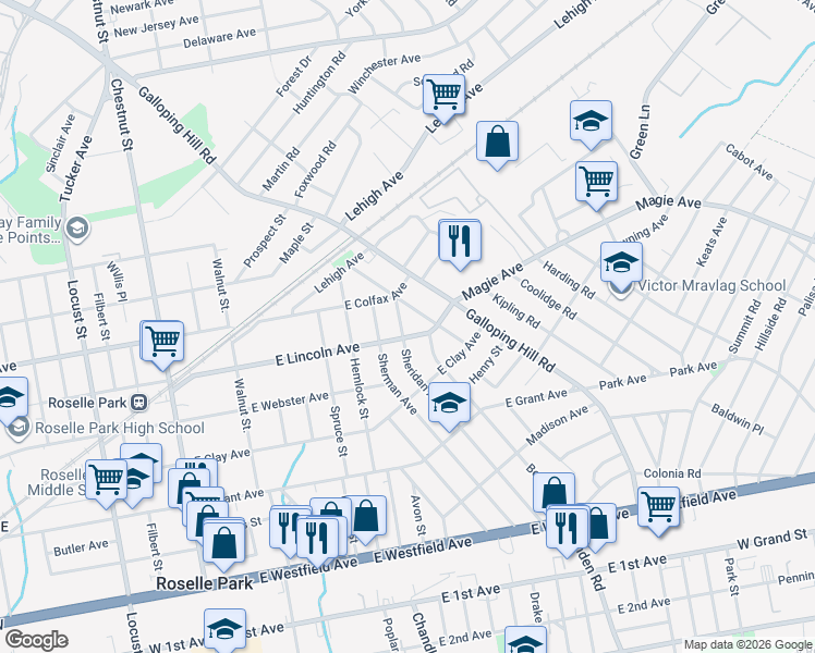 map of restaurants, bars, coffee shops, grocery stores, and more near 607 Sheridan Avenue in Roselle Park
