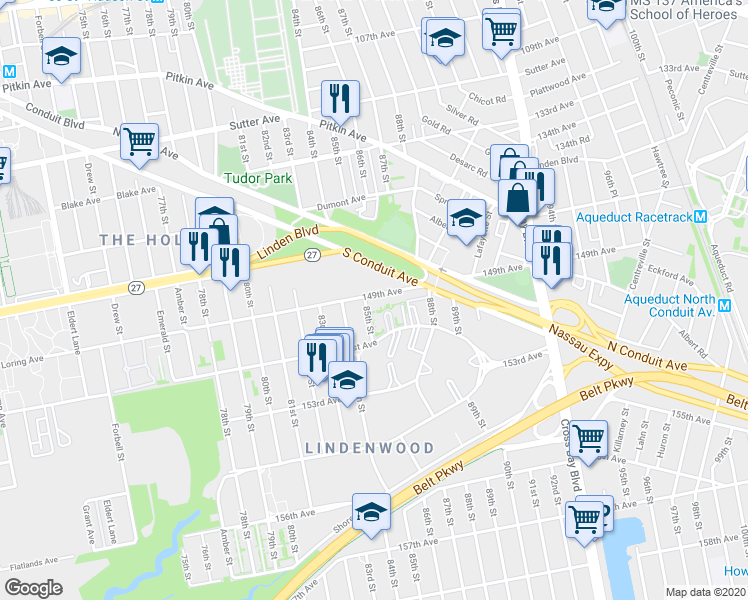 map of restaurants, bars, coffee shops, grocery stores, and more near 149-01 85th Street in Queens