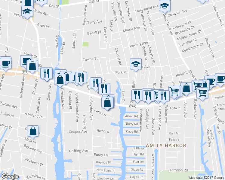 map of restaurants, bars, coffee shops, grocery stores, and more near 22 Walter Street in Amityville