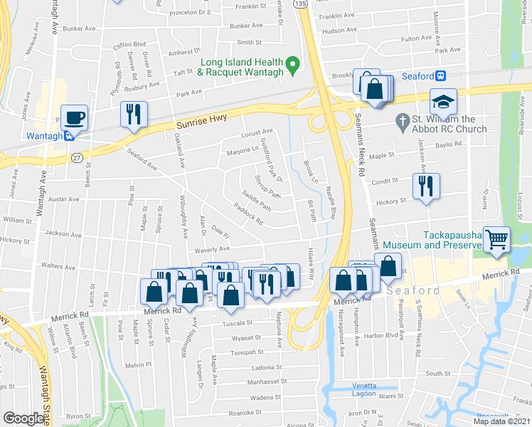 map of restaurants, bars, coffee shops, grocery stores, and more near 2110 Saddle Path in Seaford