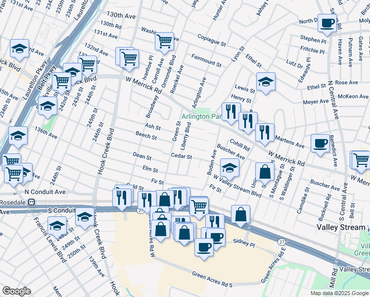 map of restaurants, bars, coffee shops, grocery stores, and more near 6 Orchard Pl in Valley Stream