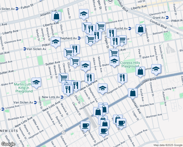 map of restaurants, bars, coffee shops, grocery stores, and more near 372 Atkins Avenue in Brooklyn