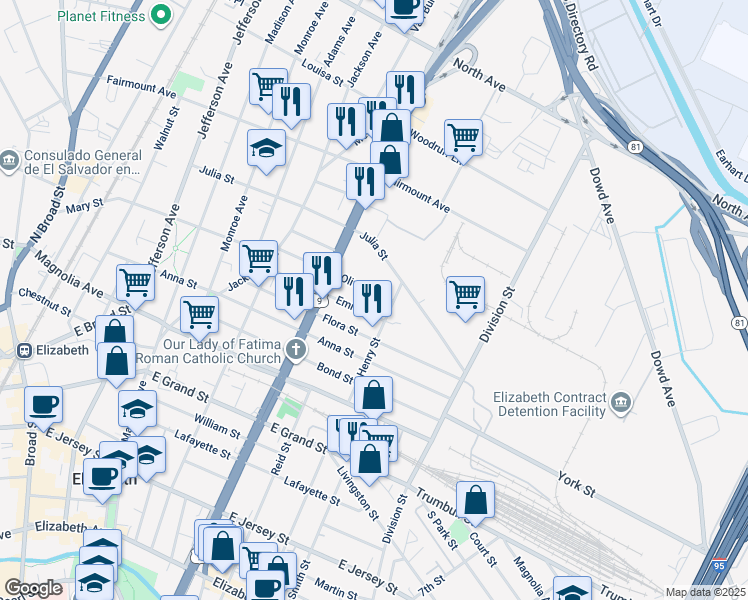 map of restaurants, bars, coffee shops, grocery stores, and more near 922-924 Olive Street in Elizabeth