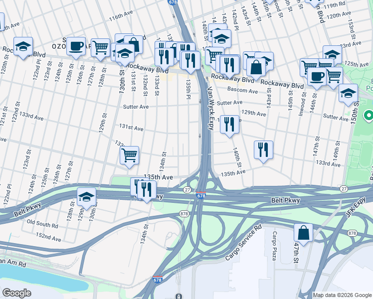 map of restaurants, bars, coffee shops, grocery stores, and more near 131-34 135th Place in Queens