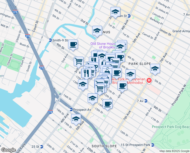 map of restaurants, bars, coffee shops, grocery stores, and more near 300 10th Street in Brooklyn