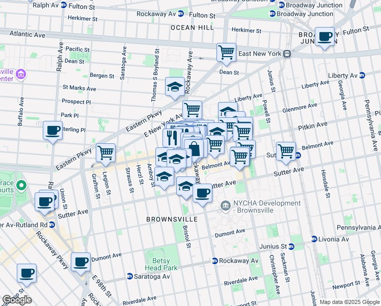 map of restaurants, bars, coffee shops, grocery stores, and more near 428 Rockaway Avenue in Brooklyn