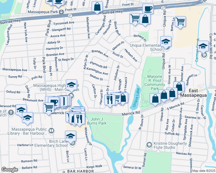 map of restaurants, bars, coffee shops, grocery stores, and more near 55 Arlyn Drive East in Massapequa