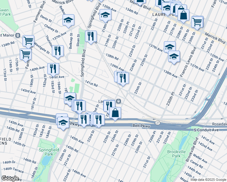 map of restaurants, bars, coffee shops, grocery stores, and more near 222-29 141st Road in Queens