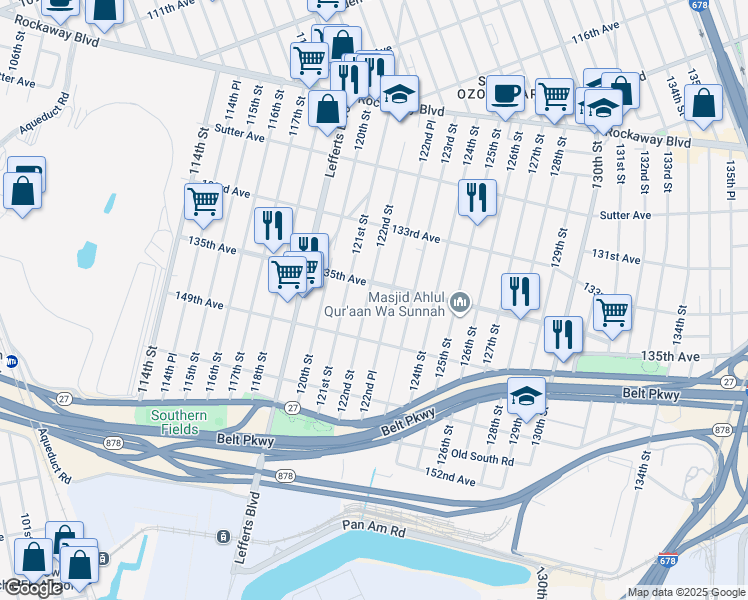 map of restaurants, bars, coffee shops, grocery stores, and more near 135-15 122nd Street in Queens