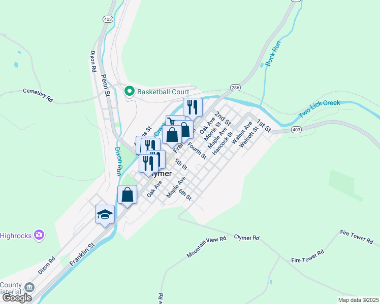 map of restaurants, bars, coffee shops, grocery stores, and more near 61 Franklin Street in Clymer