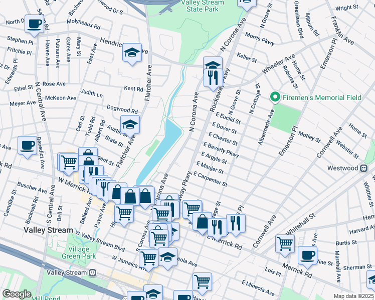 map of restaurants, bars, coffee shops, grocery stores, and more near 20 West Argyle Street in Valley Stream