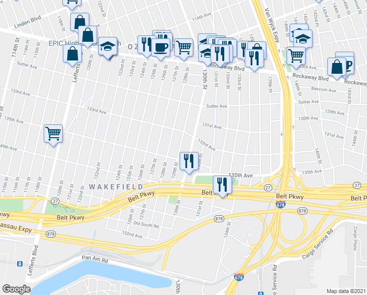 map of restaurants, bars, coffee shops, grocery stores, and more near 133-33 129th Street in Queens