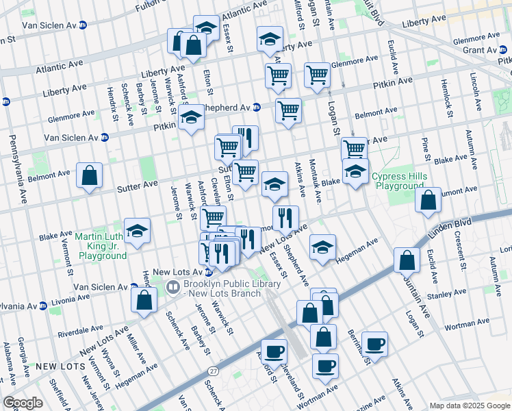 map of restaurants, bars, coffee shops, grocery stores, and more near 578 Essex Street in Brooklyn