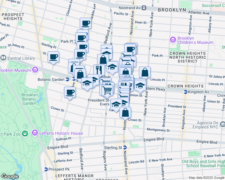 map of restaurants, bars, coffee shops, grocery stores, and more near 476 Eastern Parkway in Brooklyn