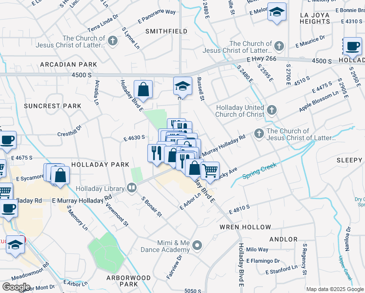 map of restaurants, bars, coffee shops, grocery stores, and more near in Holladay