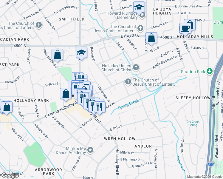 map of restaurants, bars, coffee shops, grocery stores, and more near 2480 East Murray Holladay Road in Holladay