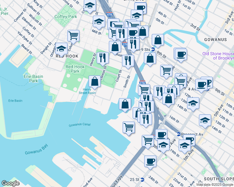 map of restaurants, bars, coffee shops, grocery stores, and more near 643 Court Street in Brooklyn
