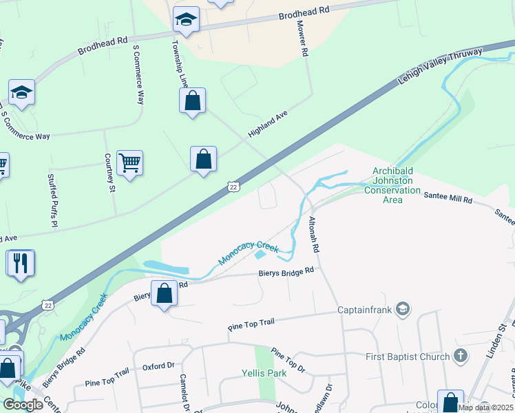 map of restaurants, bars, coffee shops, grocery stores, and more near 3663 Cottage Drive in Bethlehem