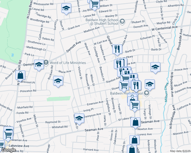 map of restaurants, bars, coffee shops, grocery stores, and more near 1623 Wales Avenue in Baldwin