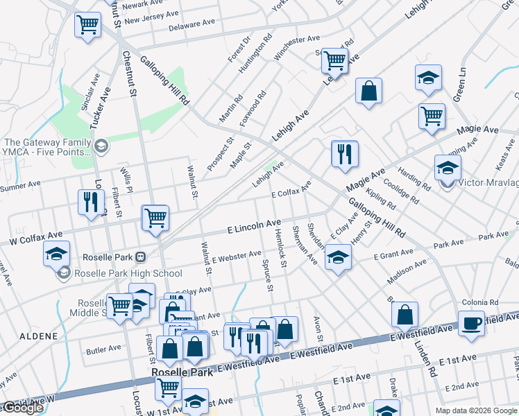 map of restaurants, bars, coffee shops, grocery stores, and more near 625 Spruce Street in Roselle Park
