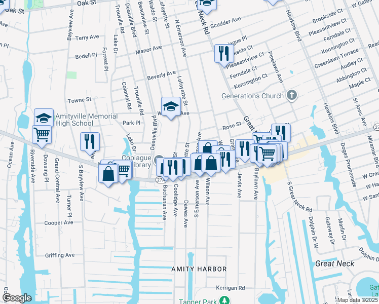 map of restaurants, bars, coffee shops, grocery stores, and more near 46 Lafayette Street in Copiague