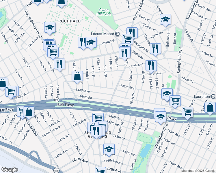 map of restaurants, bars, coffee shops, grocery stores, and more near 173-03 143rd Road in Queens