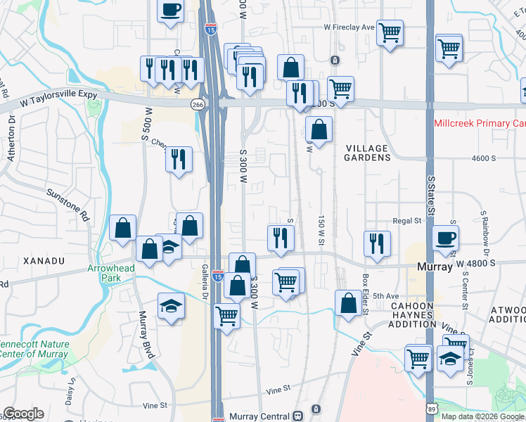 map of restaurants, bars, coffee shops, grocery stores, and more near 4707 Commerce Dr in Murray