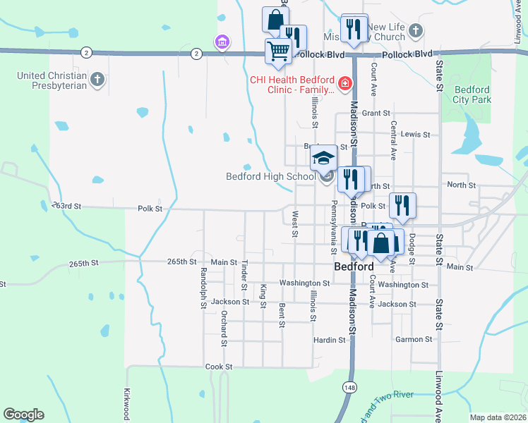 map of restaurants, bars, coffee shops, grocery stores, and more near 899 King St in Bedford