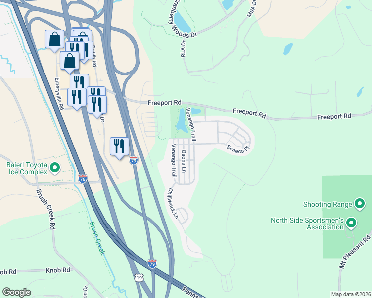 map of restaurants, bars, coffee shops, grocery stores, and more near 307 Osona Lane in Mars