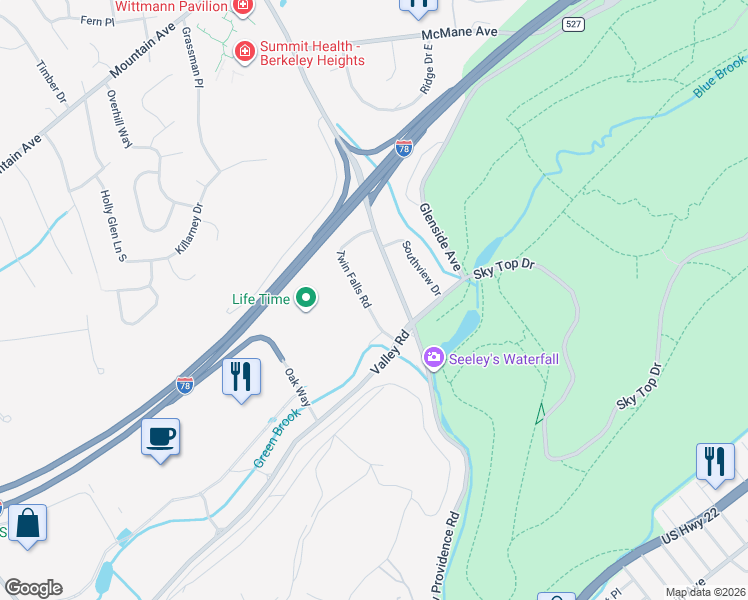 map of restaurants, bars, coffee shops, grocery stores, and more near 94 Twin Falls Road in Berkeley Heights