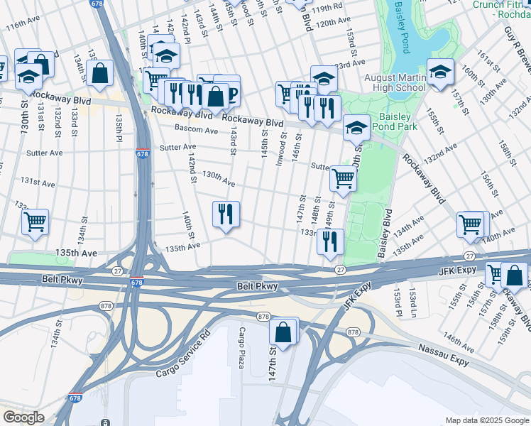 map of restaurants, bars, coffee shops, grocery stores, and more near 130-36 Inwood Street in Queens