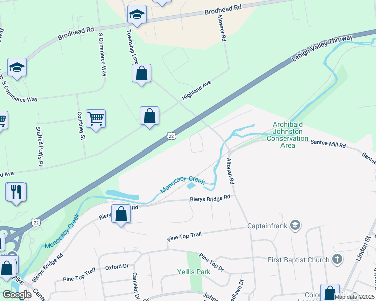 map of restaurants, bars, coffee shops, grocery stores, and more near 3663 Cottage Drive in Bethlehem