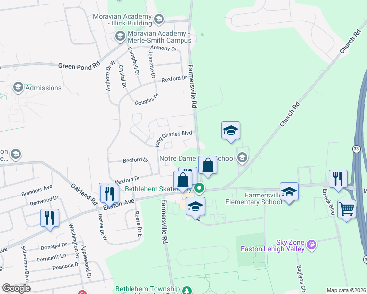 map of restaurants, bars, coffee shops, grocery stores, and more near 132 Founders Court in Bethlehem