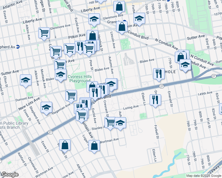 map of restaurants, bars, coffee shops, grocery stores, and more near 2635 Linden Boulevard in Brooklyn