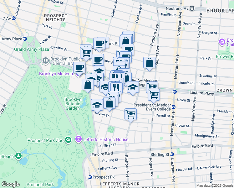 map of restaurants, bars, coffee shops, grocery stores, and more near 845 Franklin Avenue in Brooklyn