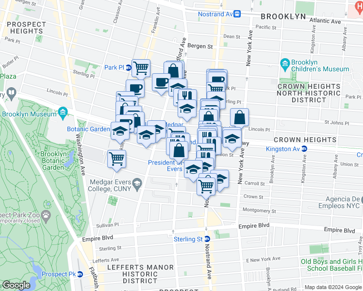 map of restaurants, bars, coffee shops, grocery stores, and more near 458 Eastern Parkway in Brooklyn